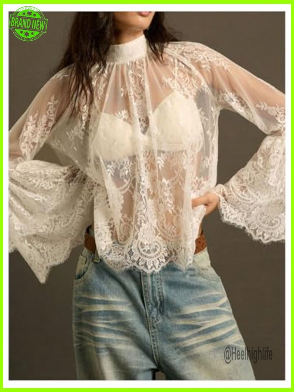 Lace Sheer Ruffle Blouse Mock Neck Bell Long Sleeve Boho Flowy Top - Picture 5 of 5